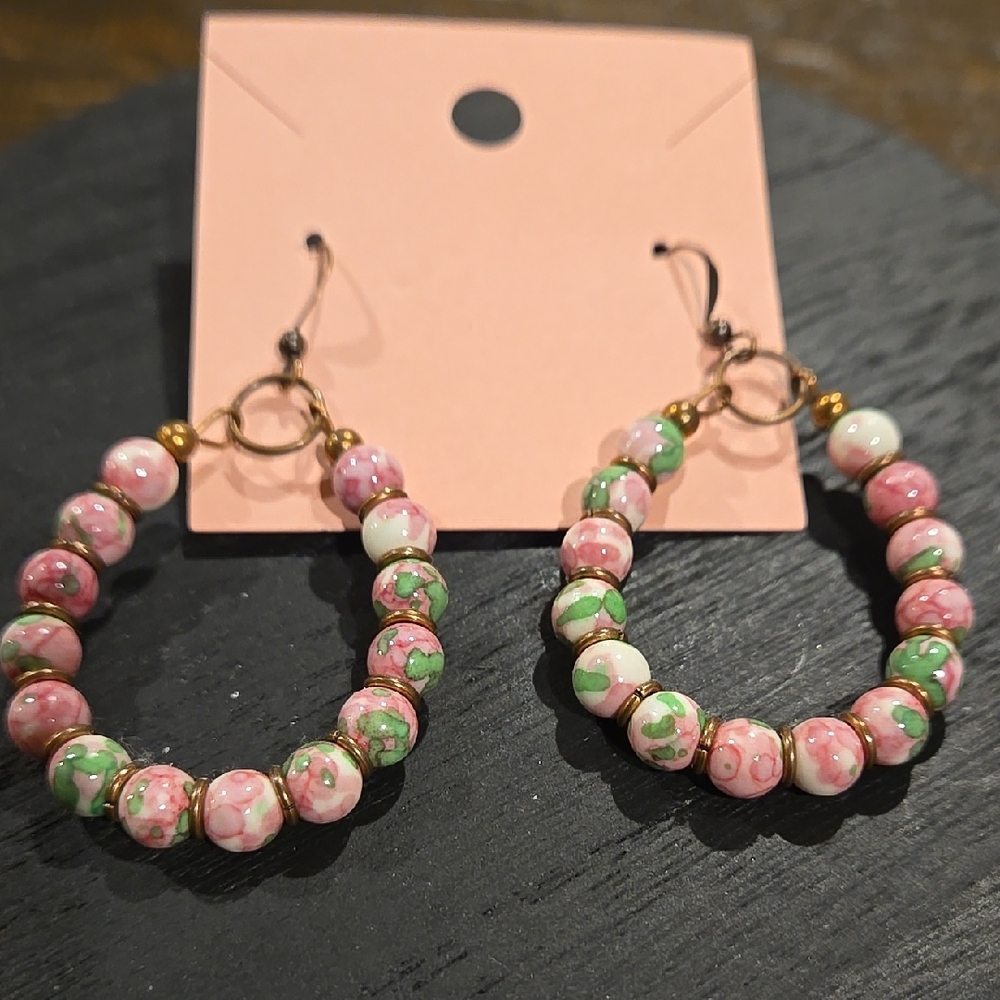 Natural Reflections Pink and Green Beaded Earrings With Copper Bronze Hooks